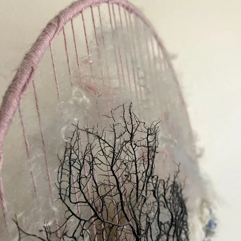 Wool Hand Spun Fiber Mixed Media Wall Hanging Mohair Dream Catcher‎ Boho Cottage